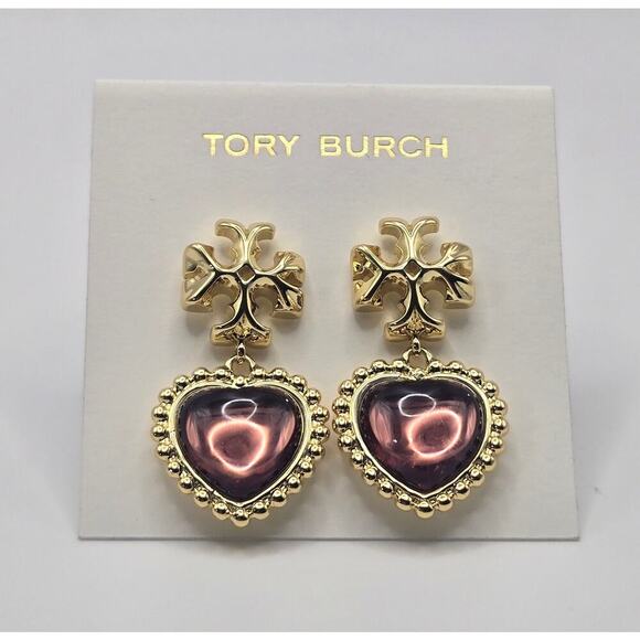 NEW Tory Burch Roxanne Heart Drop Earrings Logo Purple Burgundy Statement - Picture 1 of 5